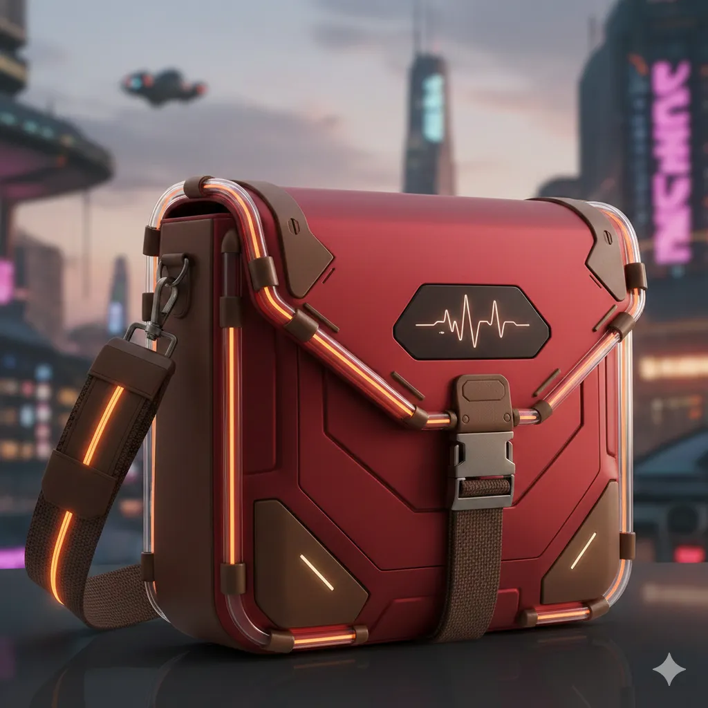 Futuristisk skuldervesk i rød og brun